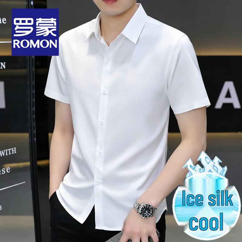 ROMON Men's Business Ice Silk Wrinkle-Resistant Short Sleeve Shirt