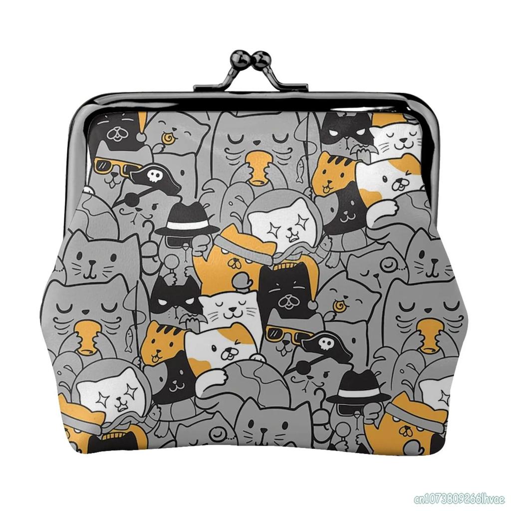 Cute Cartoon Cats Women's Leather Coin Purse Small Change Pouch with Kiss-Lock Clasp Closure Buckle Wallet for Girl Gift