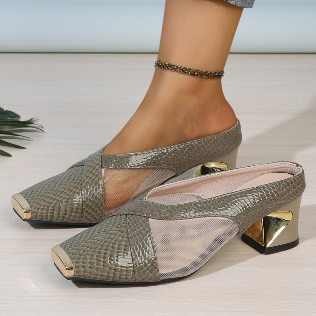 Fashion Coarse-heeled Mesh Full-head Half-slipper 2025 New Style Square Toe Comfortable and Versatile High Heels To Wear Outside