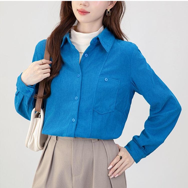 Sztruksowa Koszula Retro Kobiety Jesień Zima Vintage Elegancka Bluzka