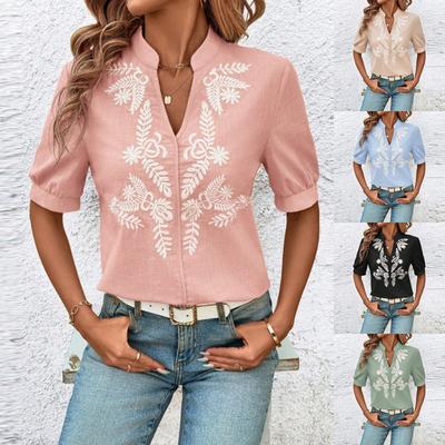 Women's Casual Fashion V-Neck Embroidered Short Sleeve Casual Shirt