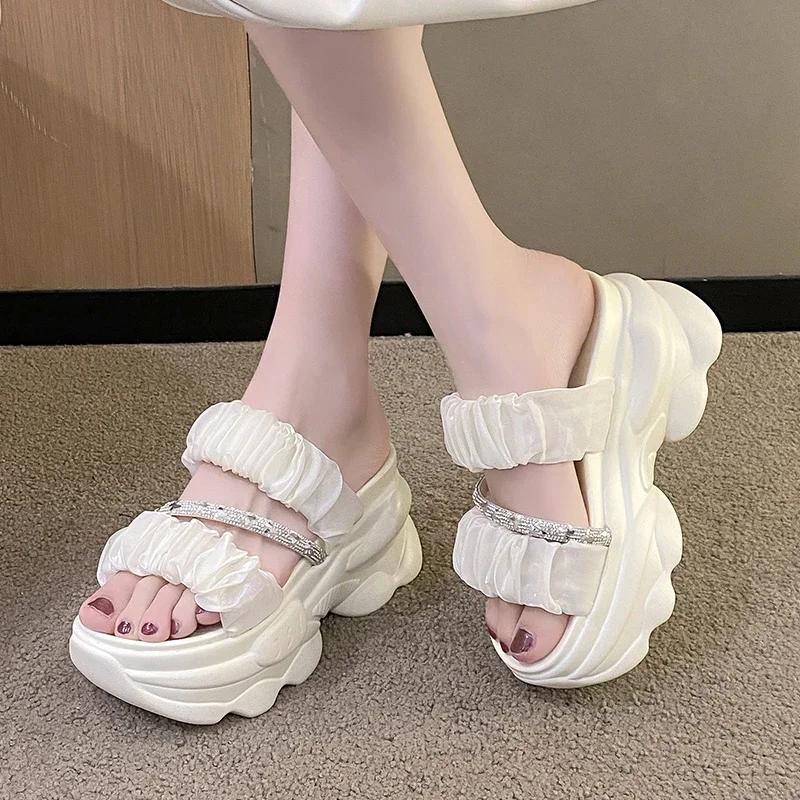 Fashion 9CM Women's Summer Chunky Slippers Fashion Thick-Bottom Sandals Bling Wedge Heels Flip Flops High Platform Beach Slides Zapatos