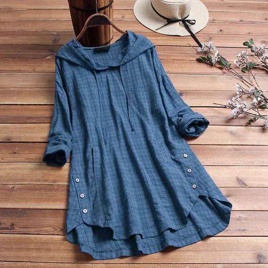 Women Top Loose Checked Long Sleeves Pullover Drawstring Dress Up Hooded A-line Plus Size Fall Shirt Female Clothes
