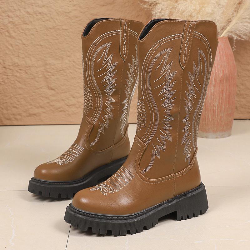 Fashion Brown Embroidery Platform Mid Calf Boots for Women Vintage Slip On Thick Sole Western Boots Woman Autumn Winter Pu Leather Botas