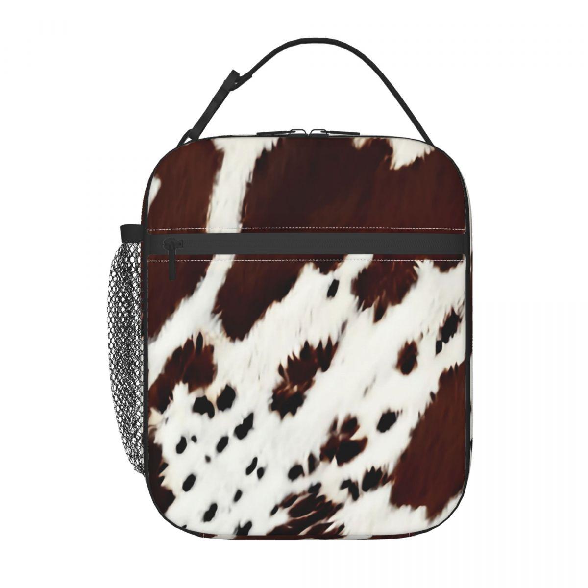 

Brown White Cowhide Pattern Insulated Lunch Bag for Kids School Cooler Thermal Food Box Tote Leakproof Lunch Boxes Container One Size