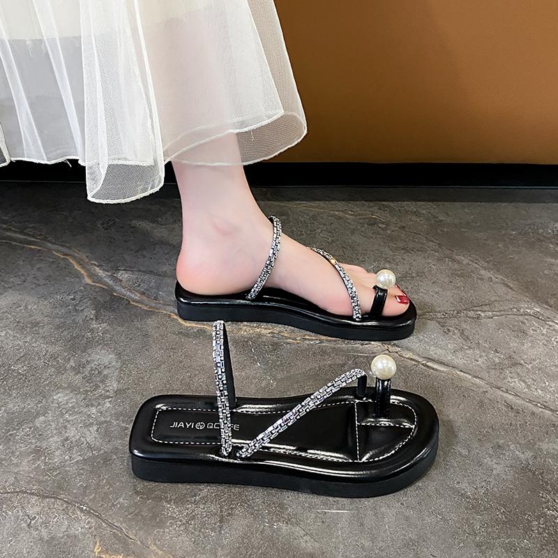 CRLAYDK Women's Slide Sandals Slip On Flat Beach Flip Flop Thong Casual Summer Rhinestone Ladies Ring Toe Travel Slippers