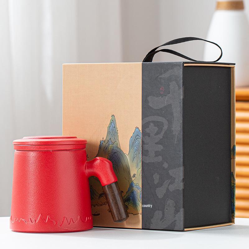 Hand-Painted Ceramic Office Mug: Distant Mountains Design, Teacup with Separate Brewing Chamber, Ideal for Water or Tea - Perfect Business Souvenir.