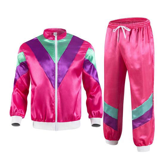 

2 шт./комплект Диско-спортивний костюм Ретро 80-х Спортивний одяг З довгим рукавом Кольоровий блок Куртка на блискавці Штани з високою талією Комплект Хіп-хоп одяг S рожевий червоний колір