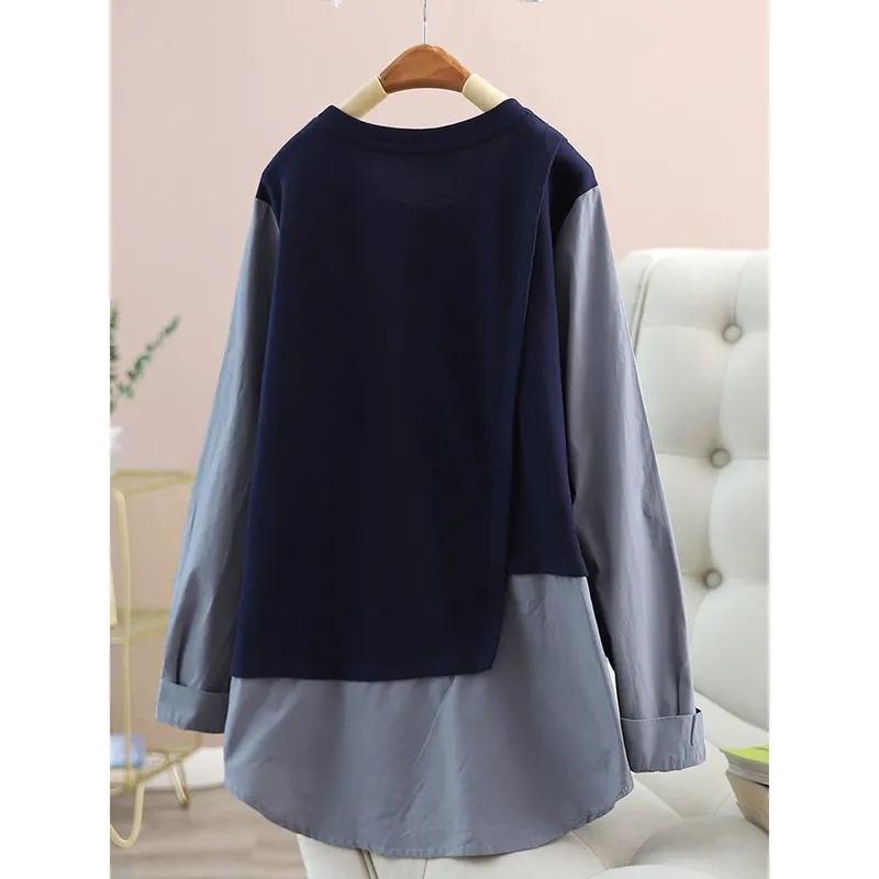 Damen Patchwork Strickbluse Fake Zweiteiler Langarm Top