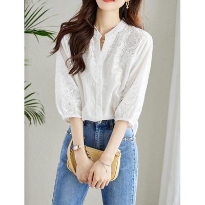 Women's Spring Collection V-Neck Three-Quarter Sleeve Blouse with Embroidered Lace-Up Detail