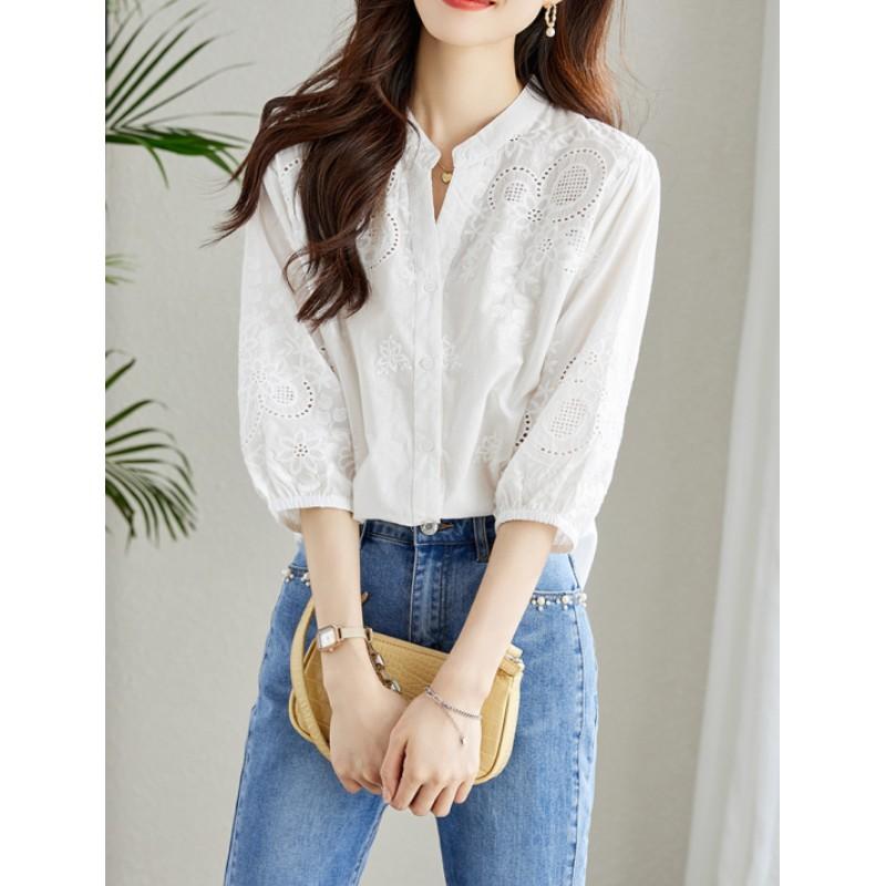 

Женская Весенняя Коллекция Блузка с V-образным вырезом, рукавом три четверти и вышитой шнуровкой XS белый