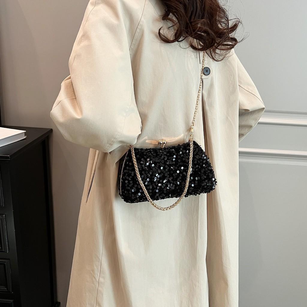 IELGY Fashion Sequined Dinner Bag, Diamond-encrusted Handbag, Solid Color Shoulder Messenger Chain Bag.
