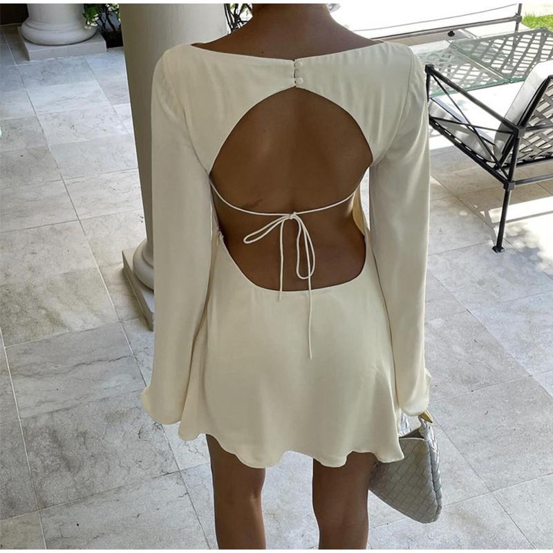 Backless Lace-Up Satin Mini Dress Women's Long Sleeve Elegant Fashion Bandage Sexy Dress Ladies Hollow Out Party Dress Ne