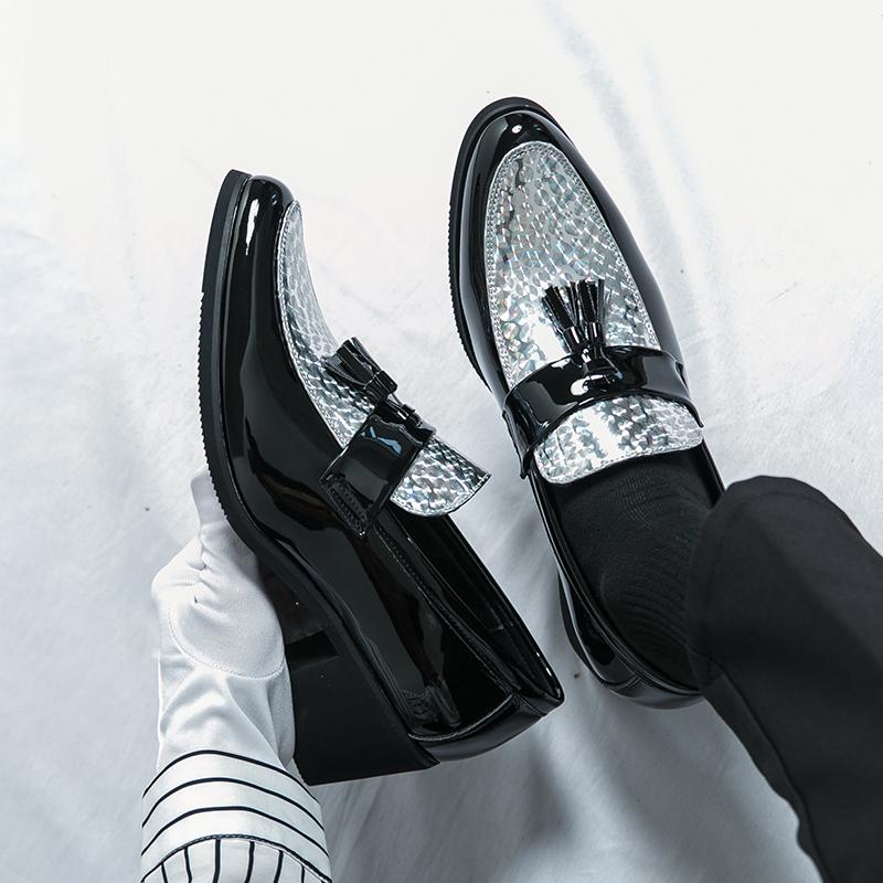 Fashion 2025 Men's Dress Shoes Slip-on Elevator Platform Heels Snake Skin Texture Tassel Buckle Black Silver Business Formal 38-46