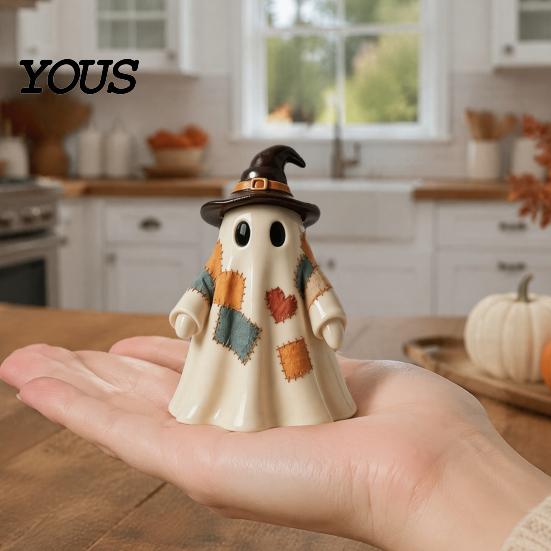 Cute Wizard Hat Desk Decorations Lighted Vintage Patchwork Ghost, LED Light Up Ghost with Pumpkin Lantern, Spooky Small Apartment