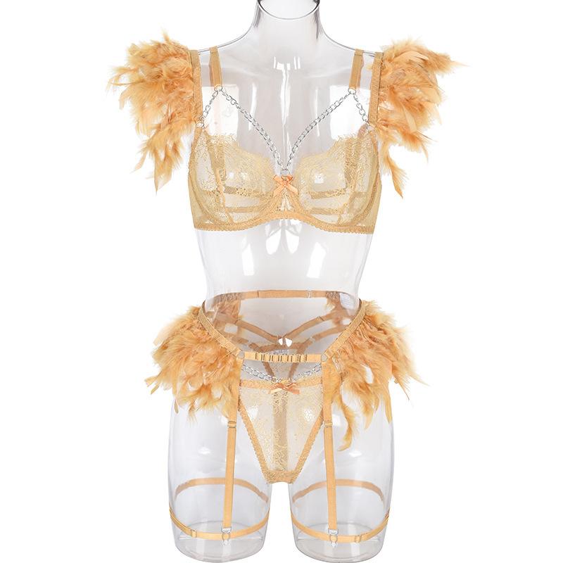 Lingerie Sexy Corrente de Metal Renda Pena Renda Sexy Terno de Três Peças