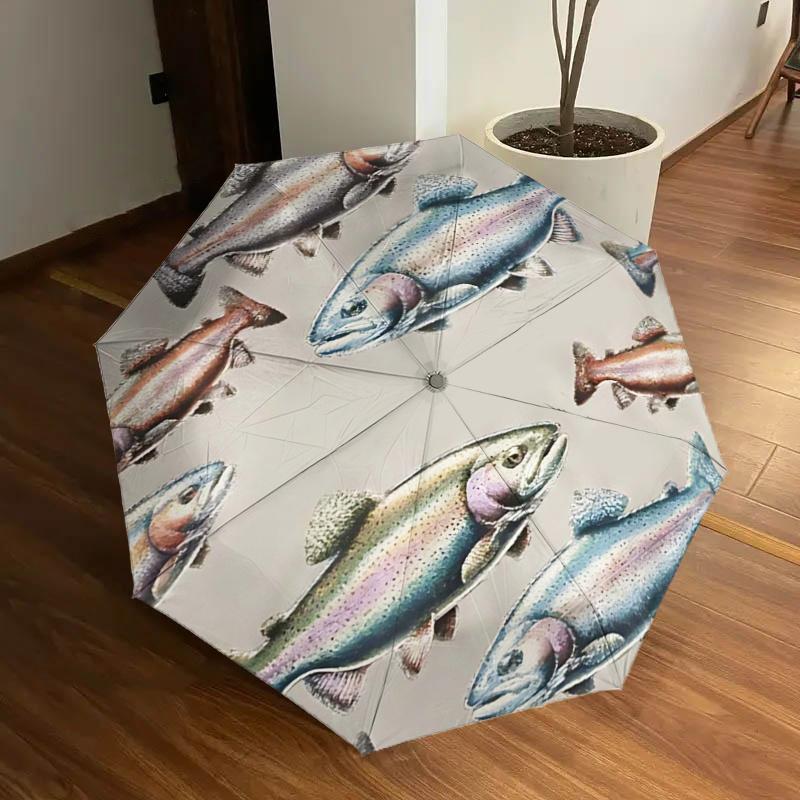 Regenbogenforelle Fischdruck Automatisches Öffnen und Schließen Regenschirm, Tragbares FaltDesign mit 8-Rippen Eisenrahmen, Outdoor-Regenschutz für Fans, Reisende, Da
