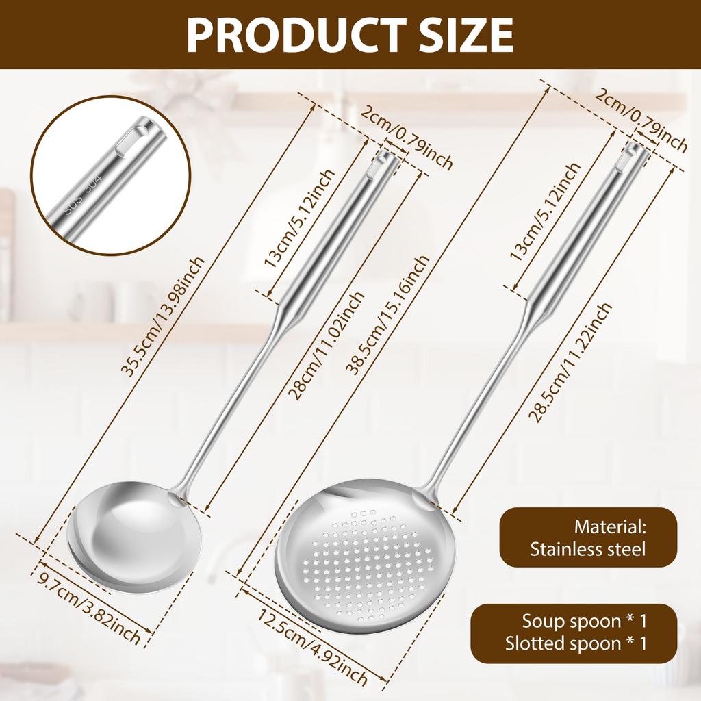 Stainless Steel Soup Ladle and Slotted Spoon Cooking Utensil Set Rustproof Slotted Spoon and Soup Ladle Set for Kitchen Gadgets