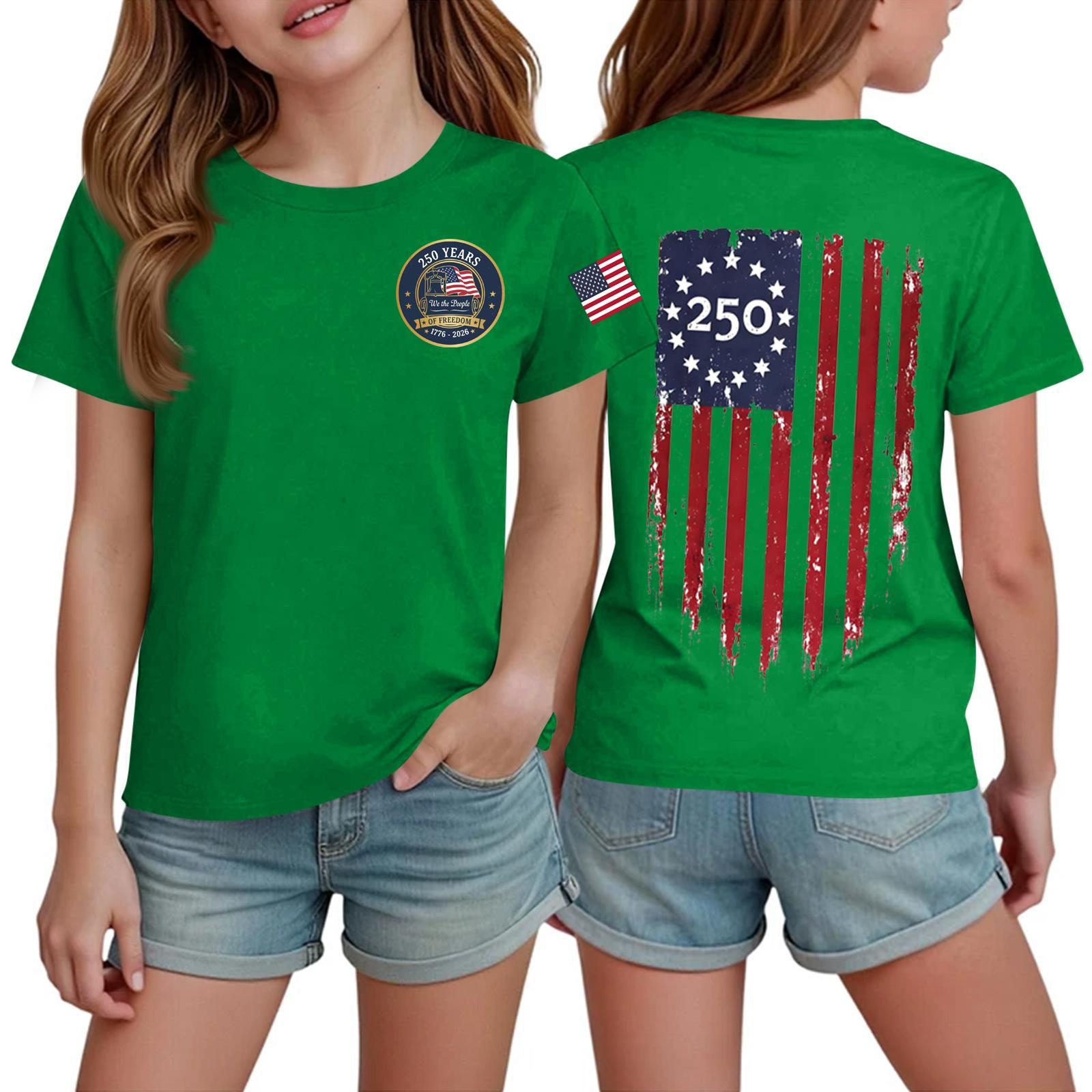 

Kids Short Sleeve Crew Neck T-Shirt Casual Top Boys Girls Summer Tee Lightweight Soft Fabric Comfortable Fit USA Inspired Print 140 зелёный