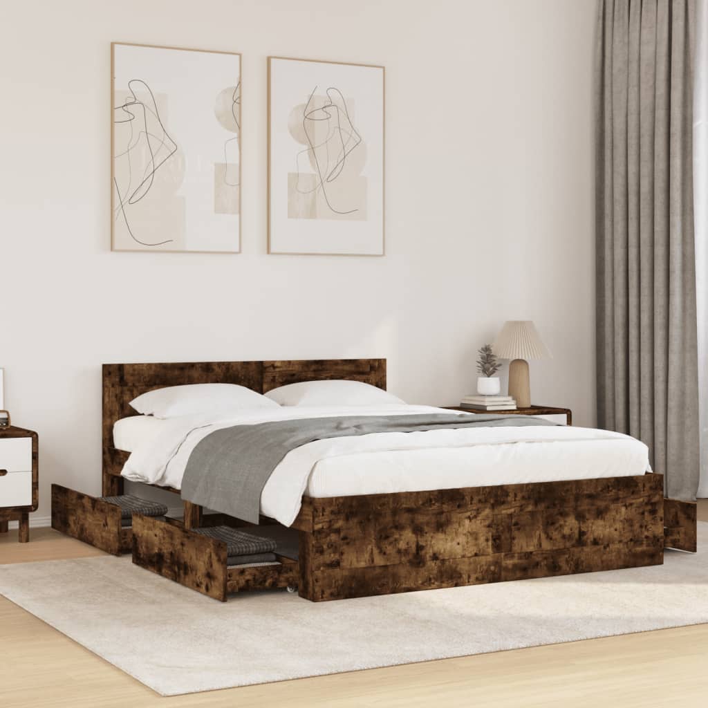 Vidaxl Estructura de Cama con Cabecero, Roble Ahumado, 140x200 cm