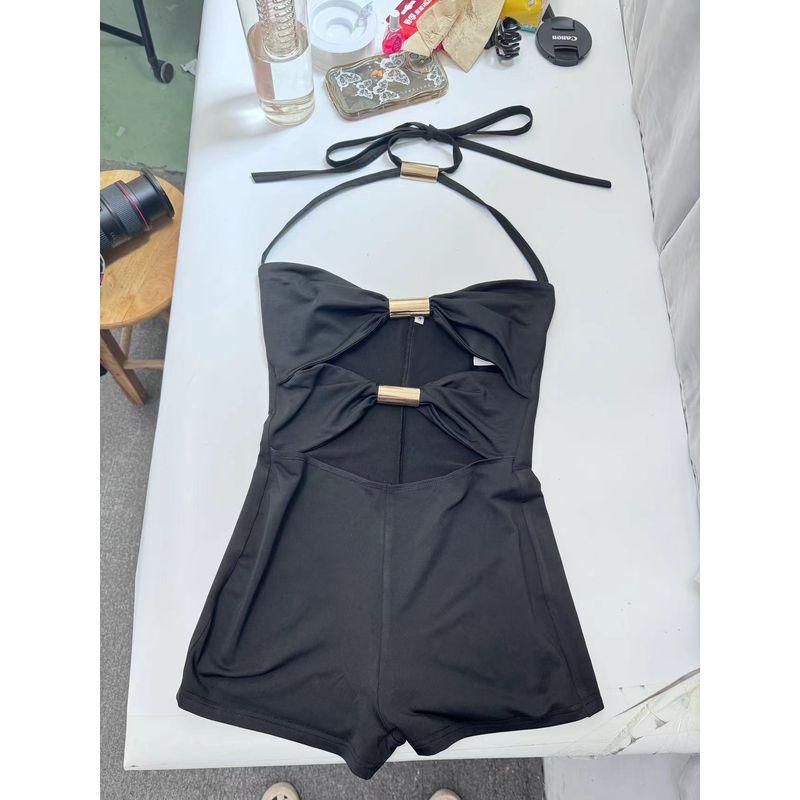 

Outfitgirl Fashion Wind Sexy New Arrival Personality Hollow out Metal Tube Patchwork Contrast Color Halterneck Jumpsuit Shorts Black S