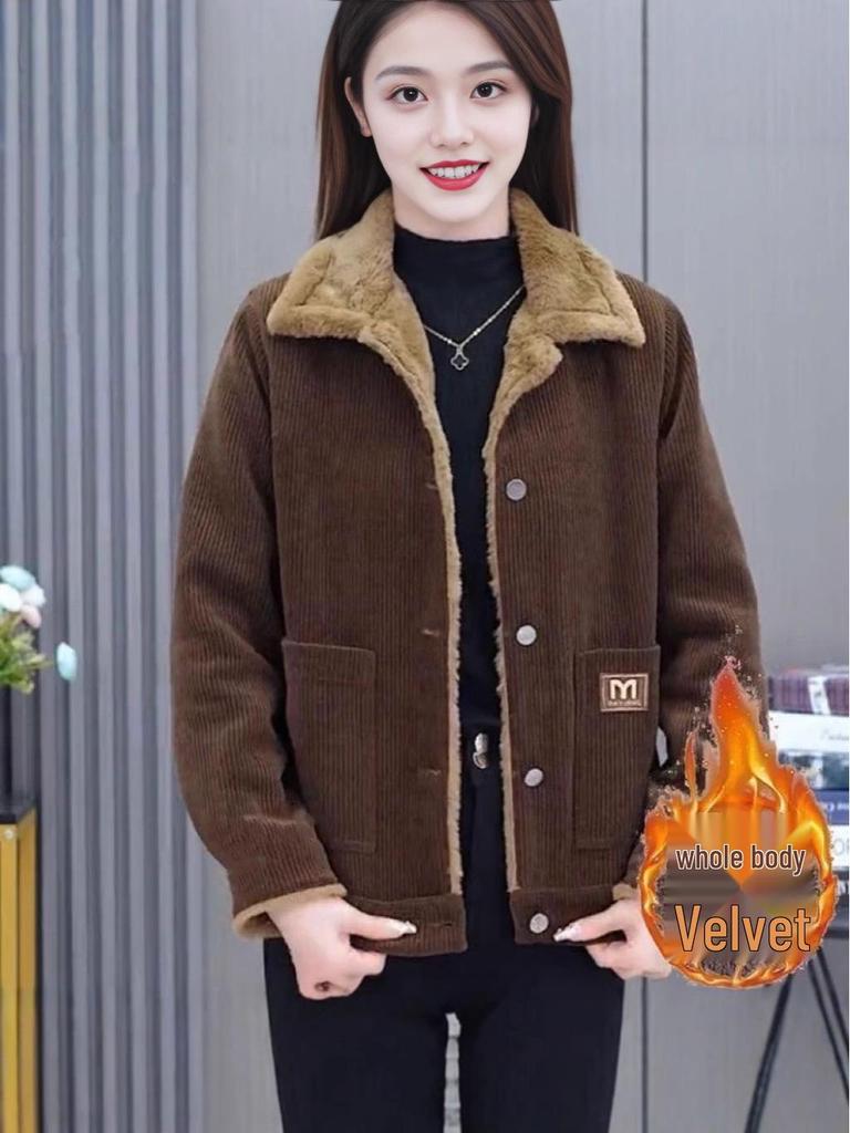 Women's Thickened Corduroy Jacket with Fleece Lining - Warm, Fashionable, Age-Reducing, Loose Fit, Slimming Long Sleeve Outerwear