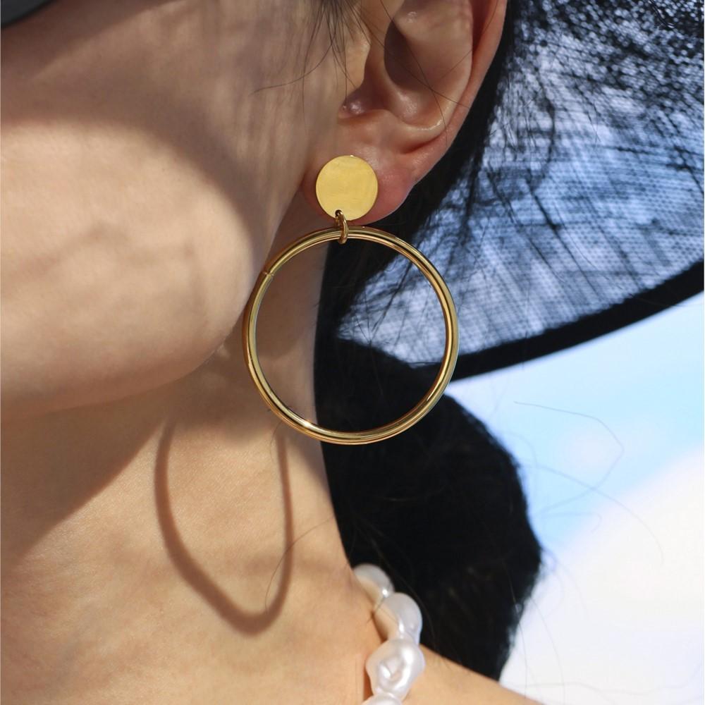 Two-tone Large Circular Ring Dangle Earrings In Stainless Steel Gold Silver Color Minimalist Stud Earring Ear Studs For Women