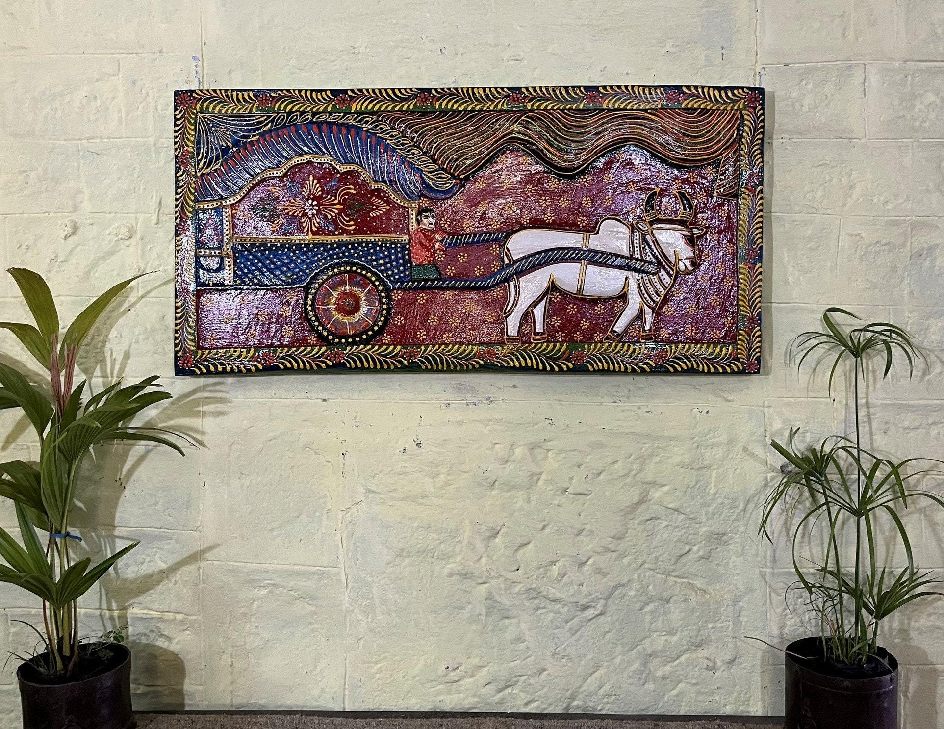 

Vintage Hand-Painted Wooden Bullock Cart Panel: Traditional Wall Art 16” X 8” X 24” (l x w x h) разноцветный
