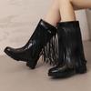 Europäische und amerikanische Mode mittelhohe Mode-Stiefel Damen große Größe Retro dicker Absatz Fransen Fußset V-Ausschnitt Western-Ritter