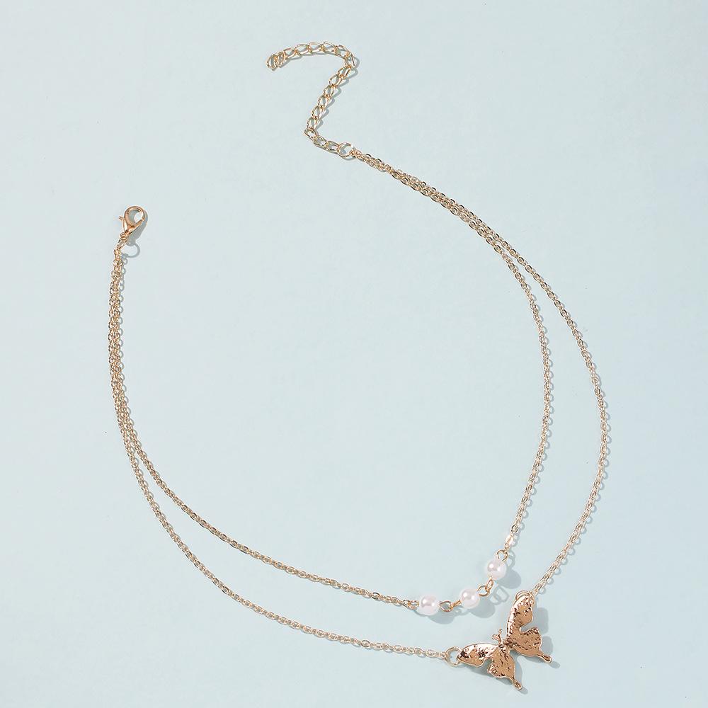 Fashion Trend Personality Double Layer Imitation Pearl Butterfly Pendant Necklace Clavicle Chain Party Jewelry Exquisite Gifts