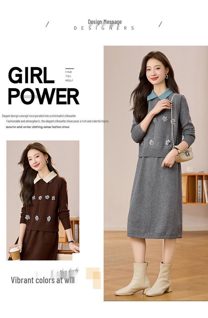 High-End Women's Knit Vest Dress Set with 3D Floral Design - Slimming Two-Piece for Fall/Winter