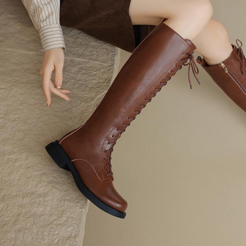 Krazing Pot Cow Split Skin Autumn Winter Shoes Concise Thick Heels Size 41 Thigh High Boots Keep Warm Round Toe Slip On Retro Knee Boots