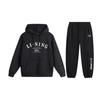 Li Ning Loose Fit Letter Hooded Pullover Long Sleeve Fleece Casual Sports Suit Unisex Suit Black AWDU673-3+YKLU208-1