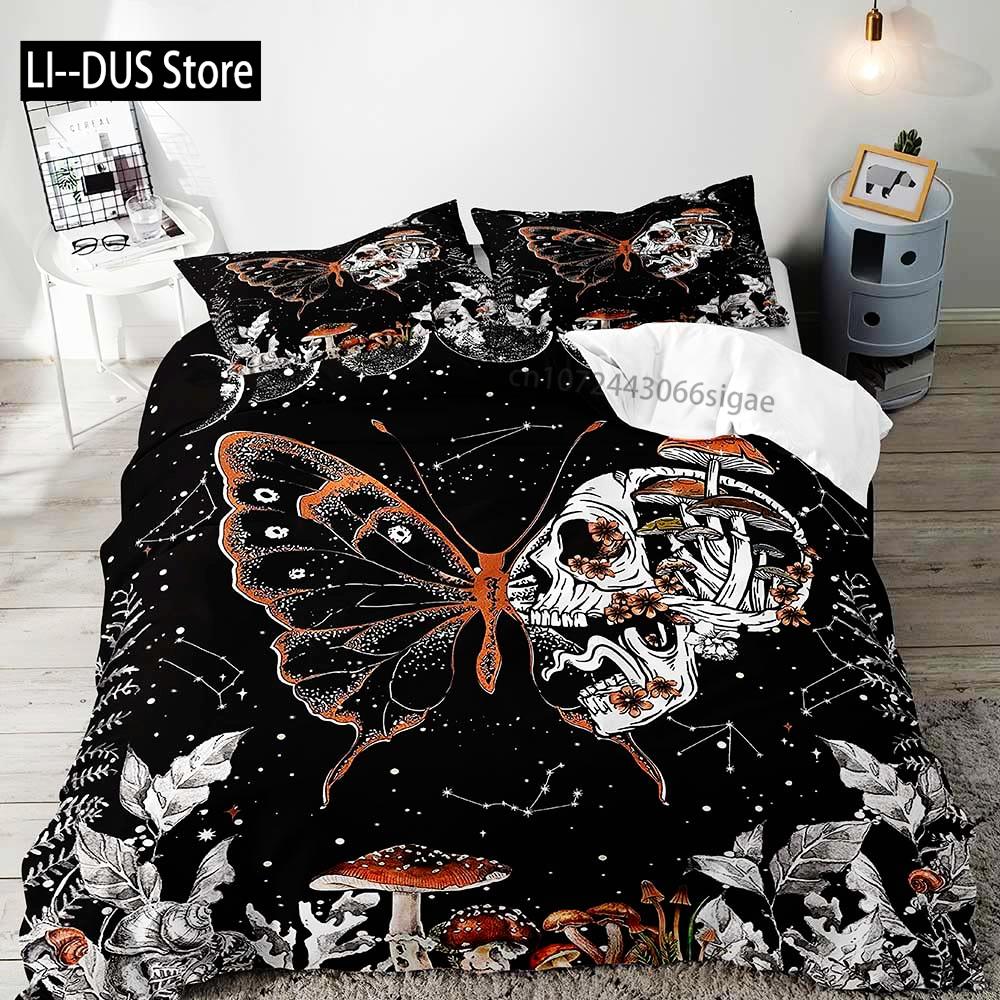 White Mushroom Bedding Set Duvet Cover Full Size Green Plant Botanical Comforter Quilt Cover 2 Pillow Shams for Women Girls