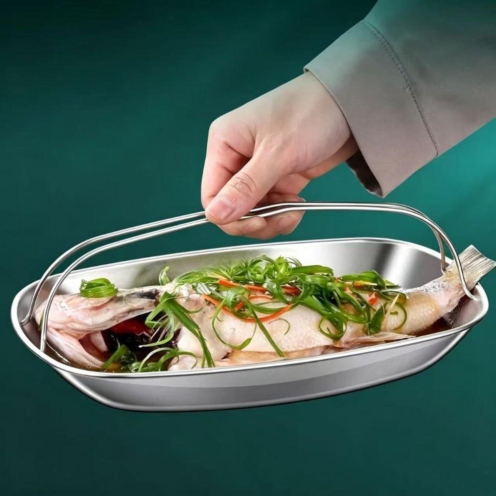 Edelstahl Fisch-Dämpfeinsatz Oval Gegrillte Meeresfrüchte Servierschale Hausgebrauch Täglich mit Griff Fischplatte Reis Fleisch Gemüse