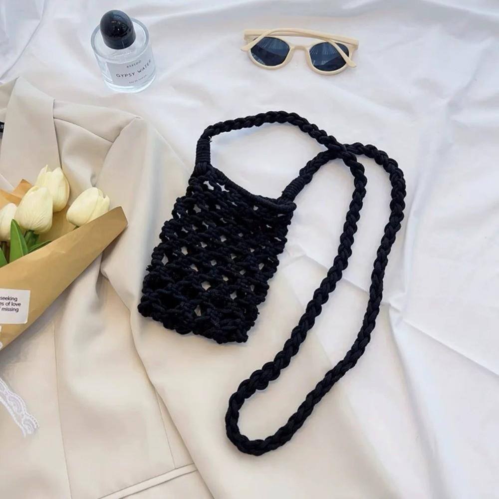 Fashion Portable Crossbody Phone Bag Hollow-out Woven Crochet Lightweight Phone Purse Solid Color Handbag Gifts