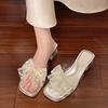 Fashion Transparent Rhinestone Slippers Summer Outside Wear Fashion Shoes for Women Crystal Middle-heeled Bowknot Ladies Slides Shoes