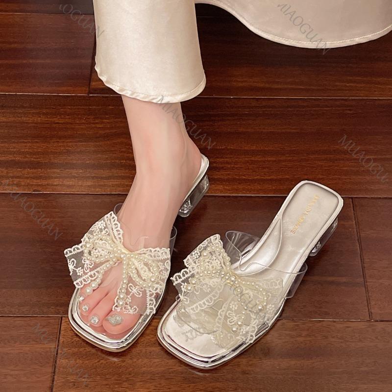 Fashion Transparent Rhinestone Slippers Summer Outside Wear Fashion Shoes for Women Crystal Middle-heeled Bowknot Ladies Slides Shoes
