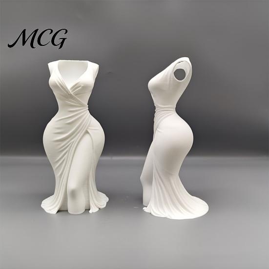 Dual-purpose Vase 3D Printed Elegant Dress-Style Vase, Dual-Purpose Tabletop Decor with Flowing Pleated Skirt, Decorative Ornament Stylish Evening