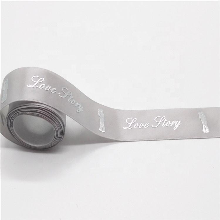 New Arrival Puff and Silver Foil Raised Printed Satin Ribbon With Love Story Logo in Stock Sale