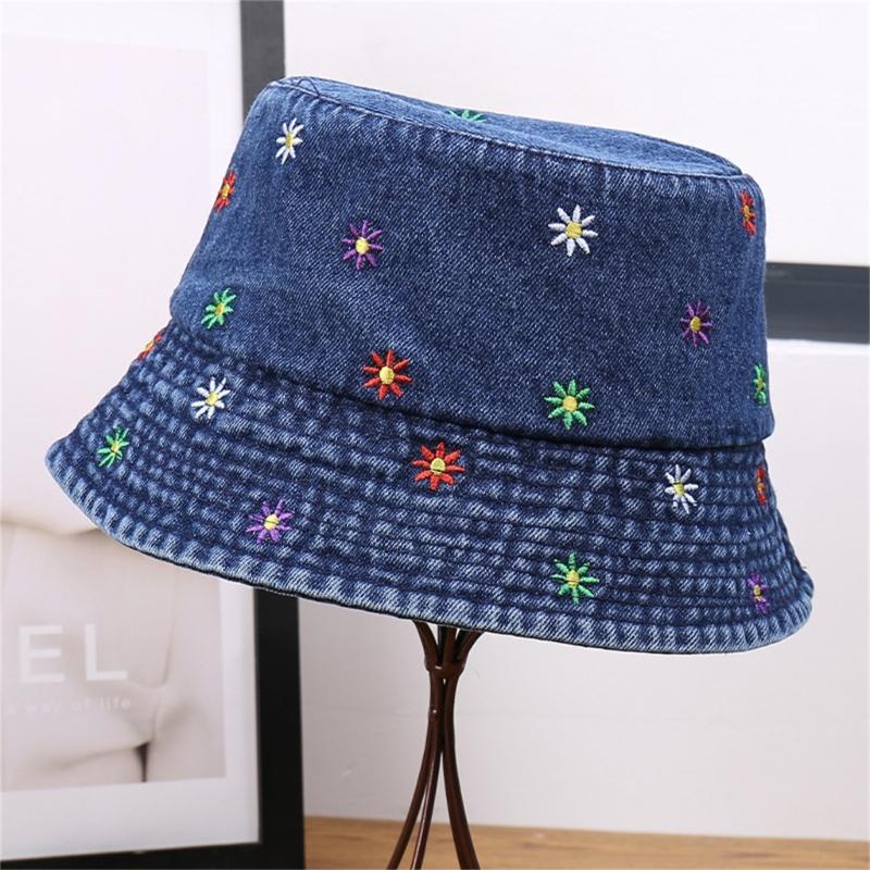 Stylish Jeans Flower Pattern Bucket Hat Extended Edge Shade Guard Unisex Warm Season Shore Hat for Various Occasion