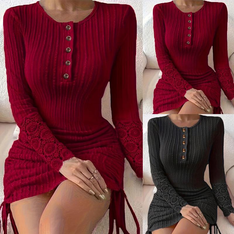 2024 Autumn European & American Women's Solid Color Round Neck Bodycon Dress