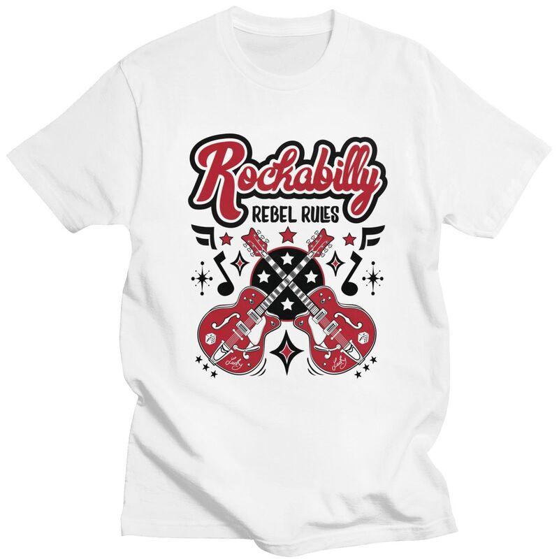 Custom Rockabilly Music Rock And Roll Guitar T Shirt for Men 100 Cotton Tees Short Sleeve Tshirt Slim Fit Clothing Gift