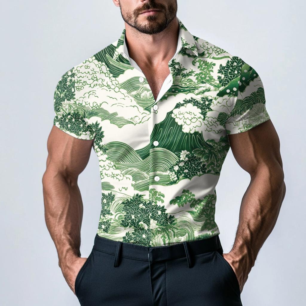 Pánská módní tištěná saténová košile s krátkým rukávem