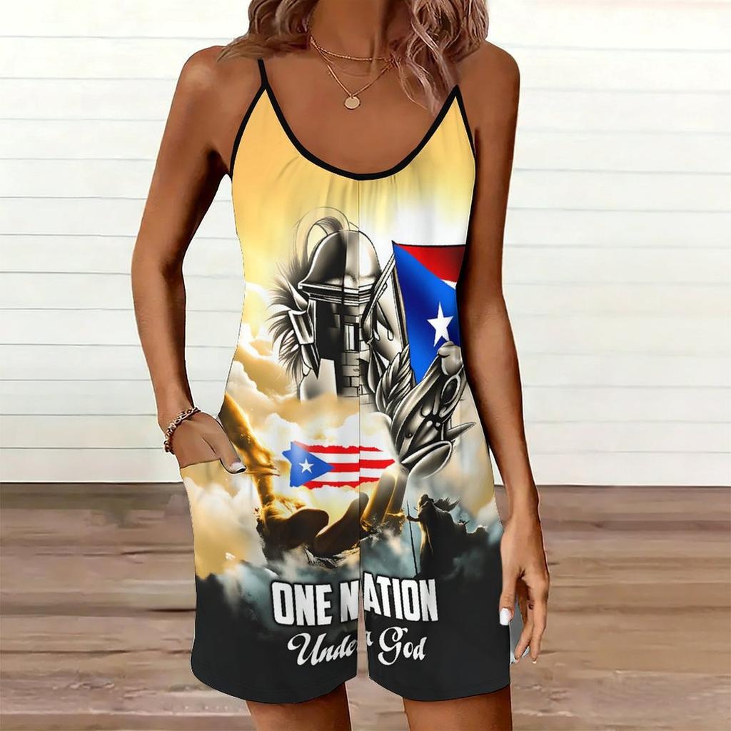 Womens Sleeveless Spaghetti Strap Romper Star Flag Print Pocket Short Jumpsuit
