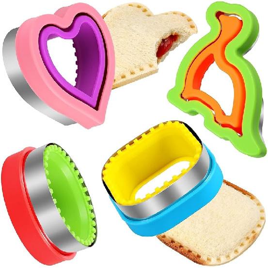 HINZER Sandwich Cutter and Sealer Set 4 Pcs Bread Decruster Sandwich Cutter Pancake Maker Heart Square Circle Dinosaur Shape DIY Cookie Cutters Gift 4 Pcs