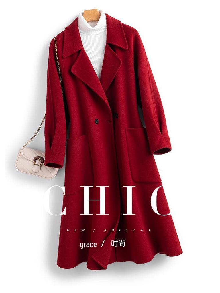 Palton Roșu din Lână Ankola Extra Lung Slim Fit - Stil Hepburn pentru Femei