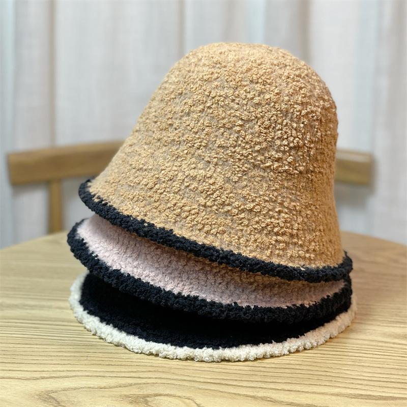 Black White Edge Knitted Plush Fisherman Hat for Women Autumn and Winter New Style Large Head Circumference Bucket Hat Japanese Style Small Face