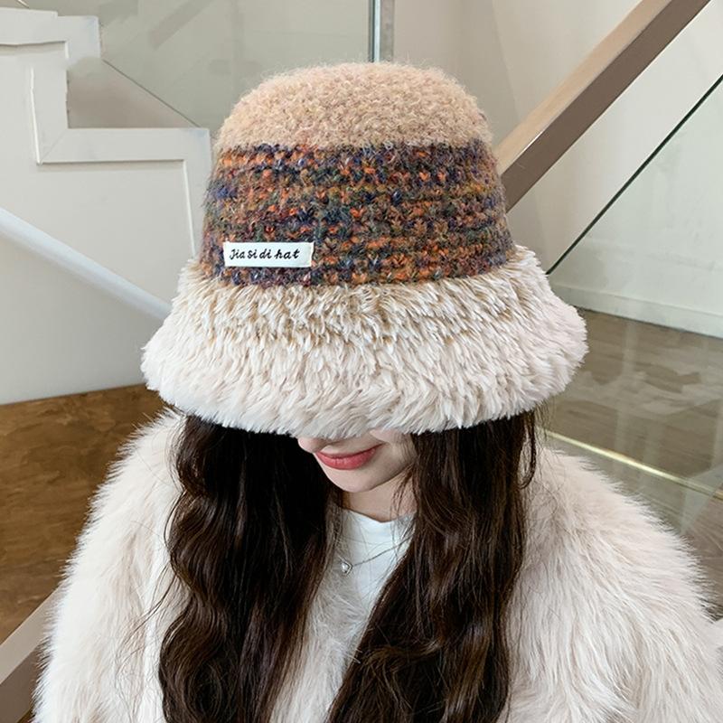 Women Autumn Winter Warm Thicken Ear Protector Hat Cold Velvet Knitted Fisherman Hats Sweet Cute Stripe Bucket Cap