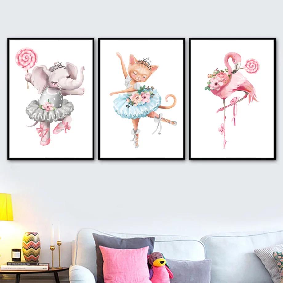 Pink Ballet Bear Rabbit Deer Elephant Flamingo Cat Nursery Wall Art Mural Canvas Painting Poster Print Baby Girl Room Home Decor